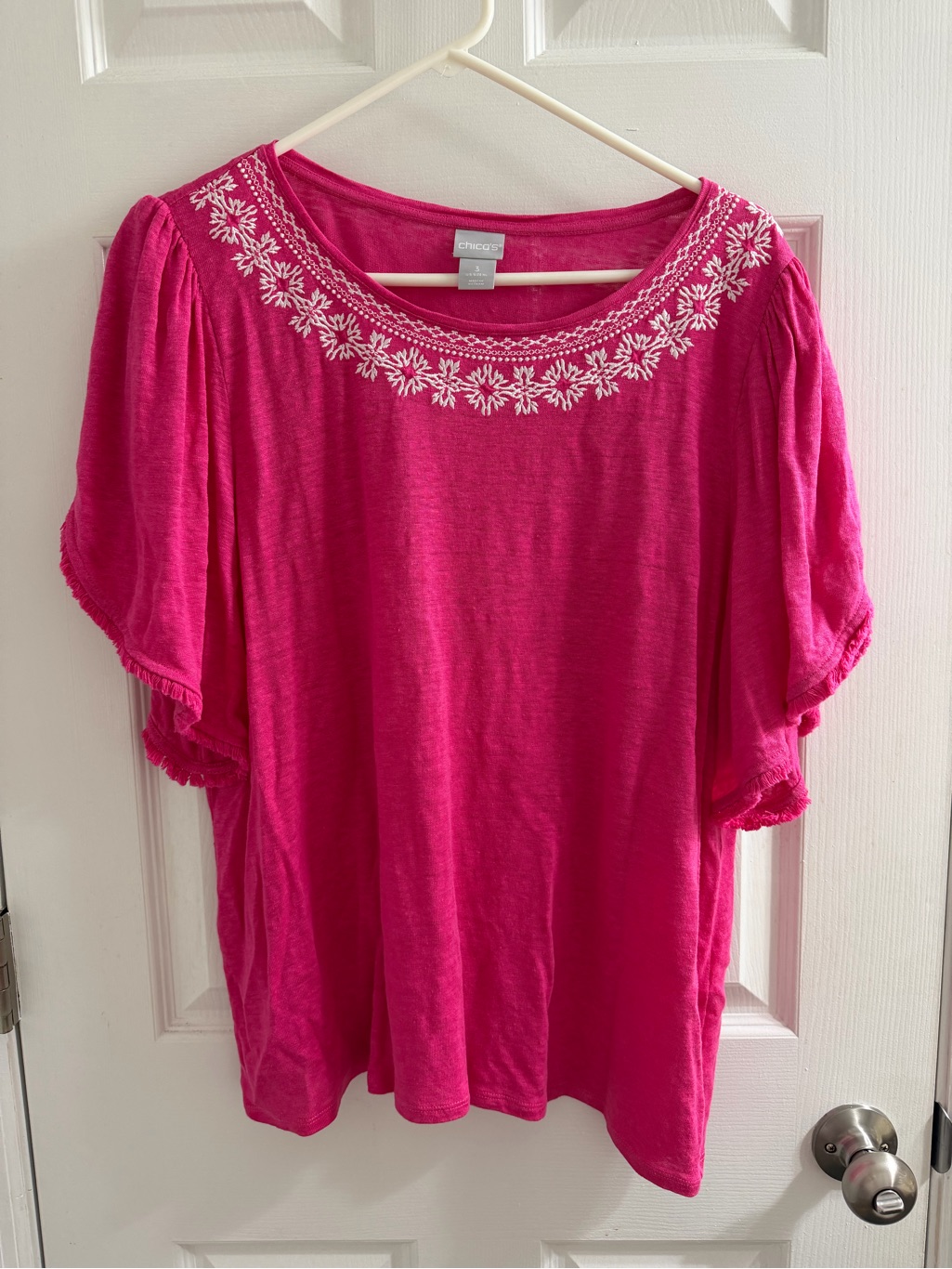 Chico's Pink Embroidered Scoop Neck Women's Top Shirt 3 Xl 100% Linen